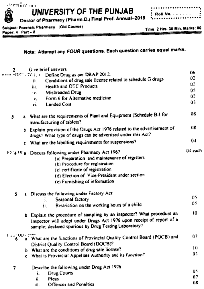 Doctor of Pharmacy Forensic Pharmacy Past Paper 2019 Punjab University Subjective