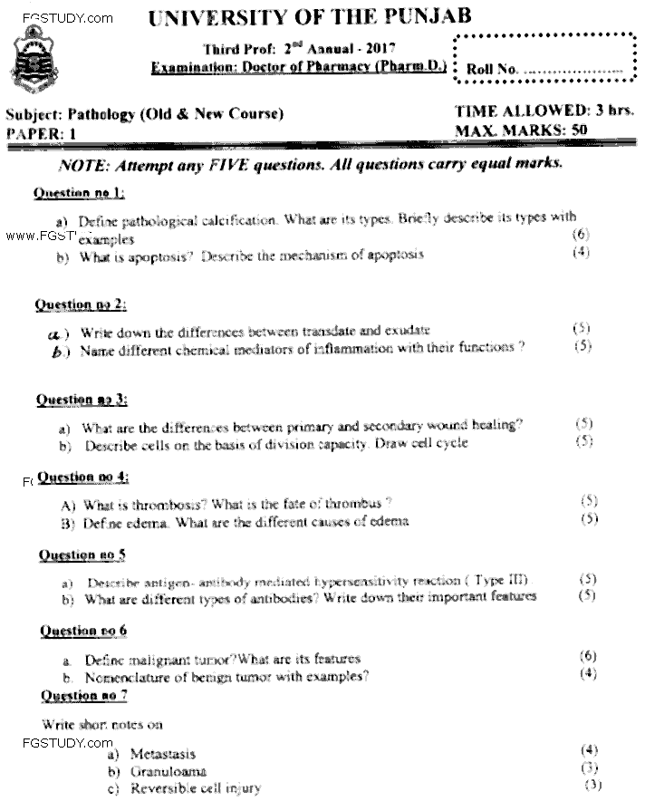 Doctor of Pharmacy Pathology Past Paper 2017 Punjab University Subjective