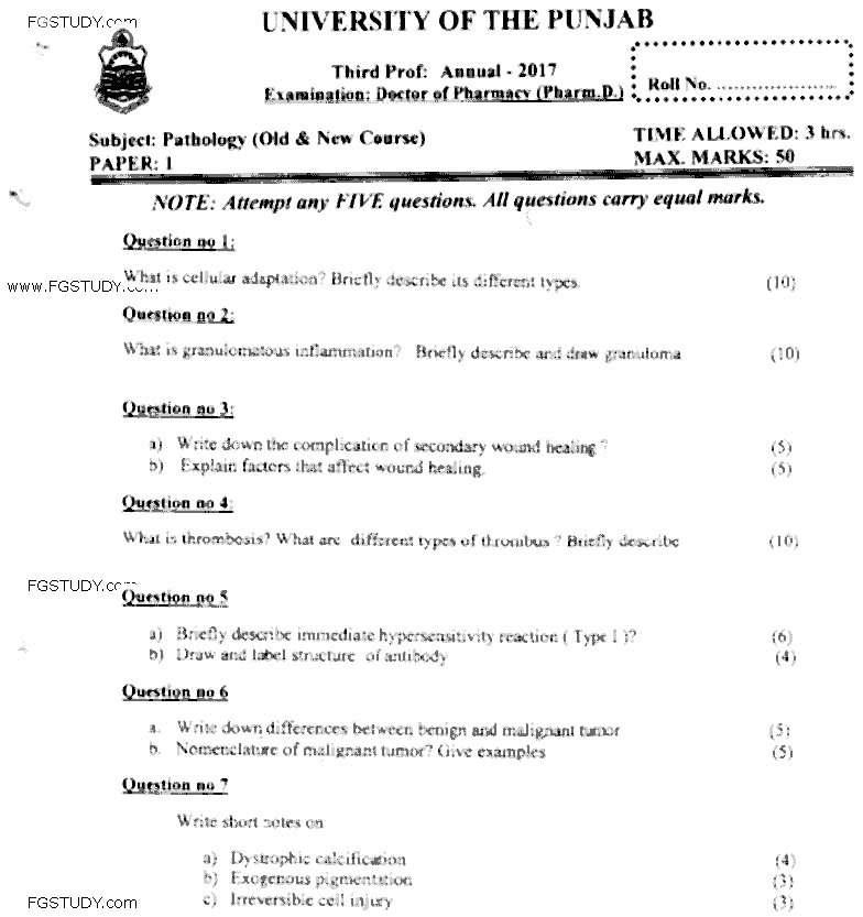 Doctor of Pharmacy Pathology Past Paper 2017 Punjab University Subjective