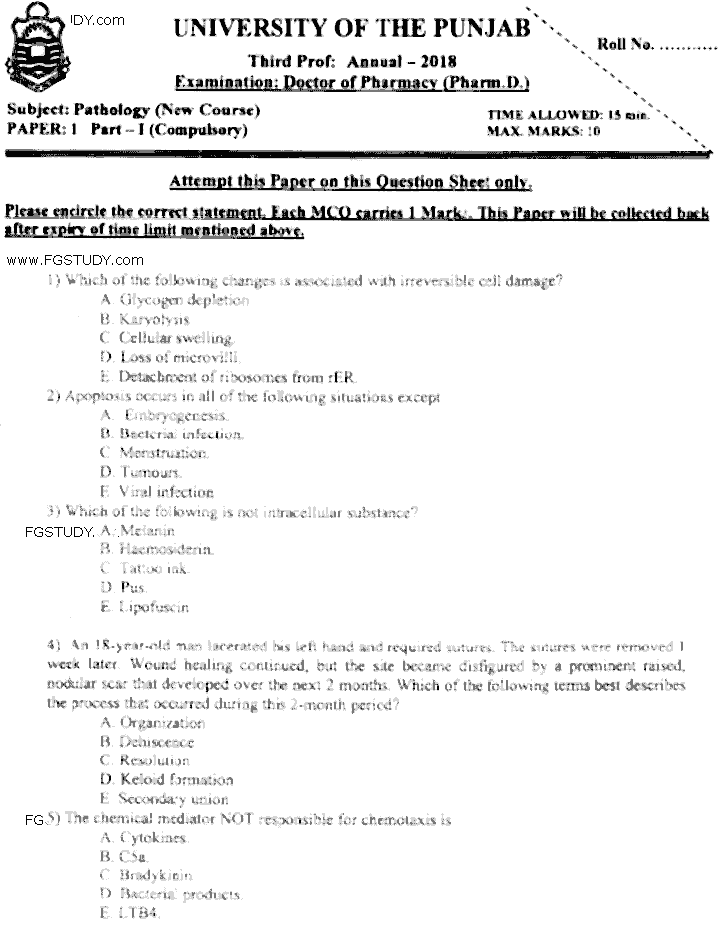 Doctor of Pharmacy Pathology Past Paper 2018 Punjab University Objective