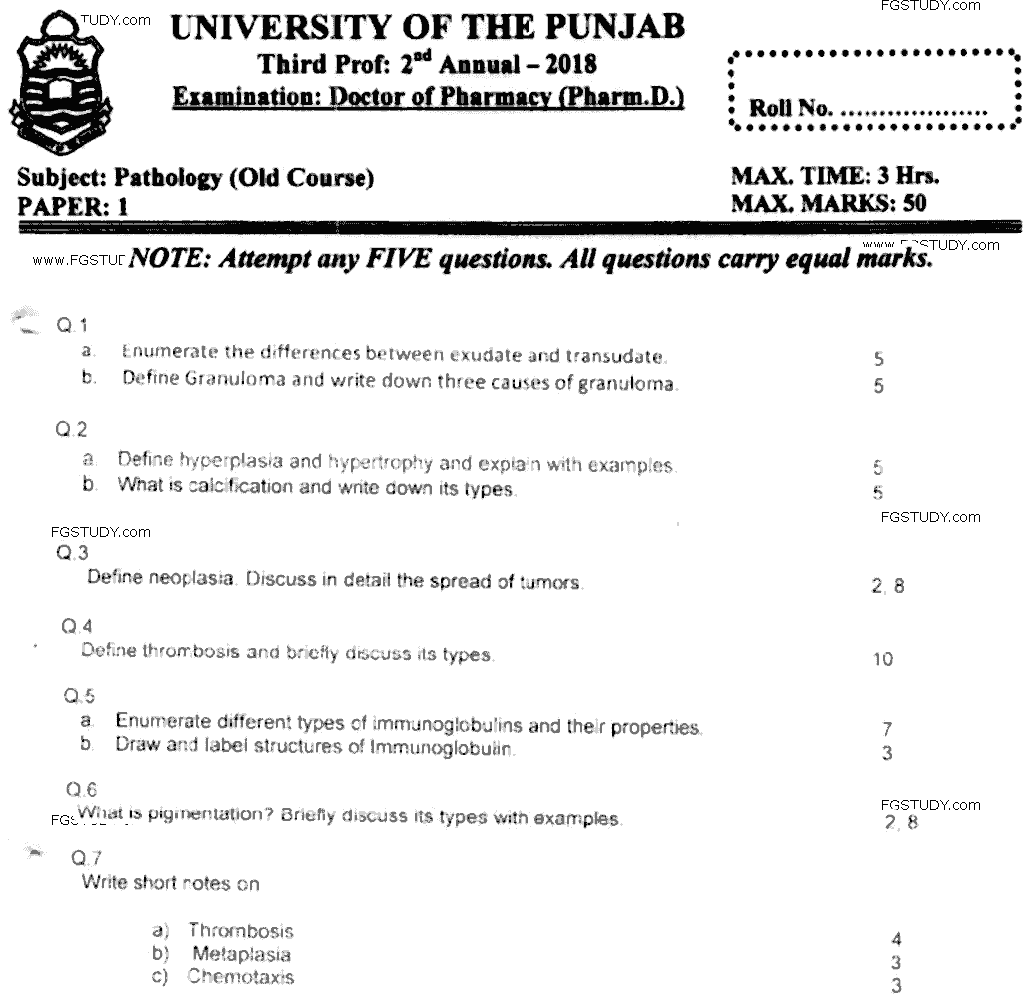 Doctor of Pharmacy Pathology Past Paper 2018 Punjab University Subjective