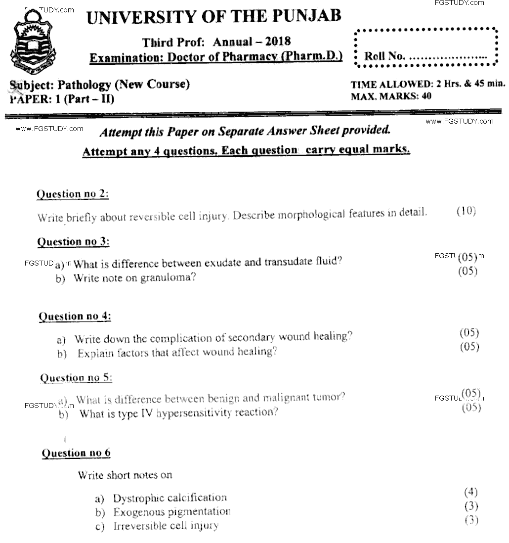 Doctor of Pharmacy Pathology Past Paper 2018 Punjab University Subjective