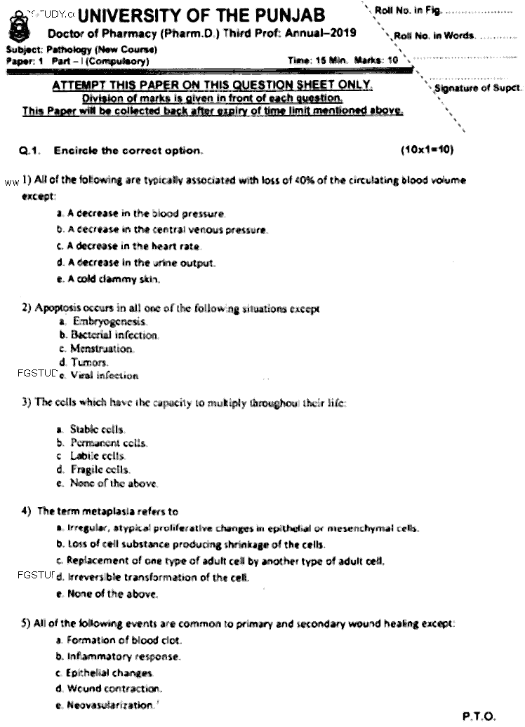 Doctor of Pharmacy Pathology Past Paper 2019 Punjab University Objective