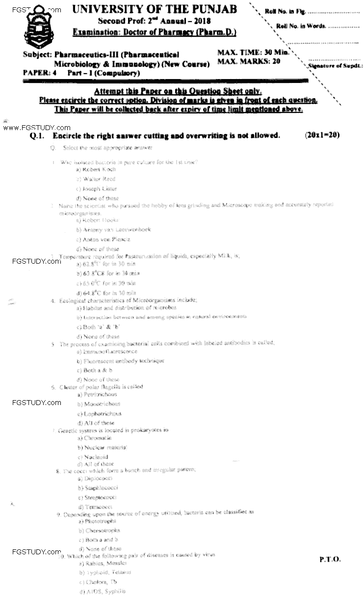 Doctor of Pharmacy Pharmaceutical Pharmaceutical Microbiology Immunology Past Paper 2018 Punjab University Objective