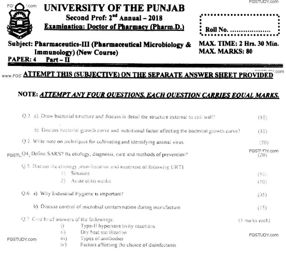 Doctor of Pharmacy Pharmaceutical Pharmaceutical Microbiology Immunology Past Paper 2018 Punjab University Subjective