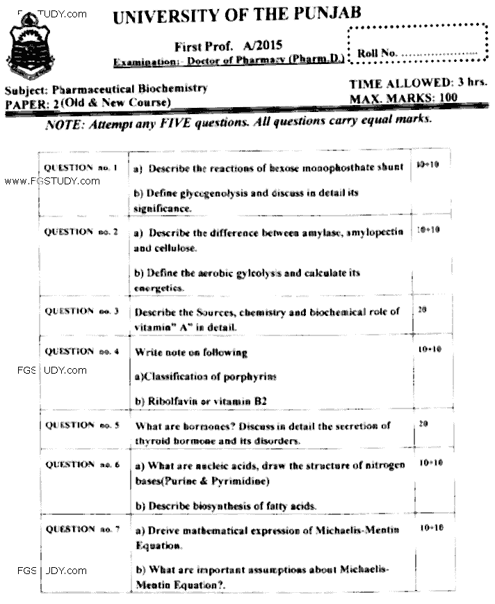 Doctor of Pharmacy Pharmaceutical Biochemistry Past Paper 2015 Punjab University Subjective