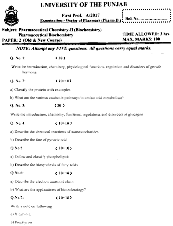 Doctor of Pharmacy Pharmaceutical Biochemistry Past Paper 2017 Punjab University Subjective