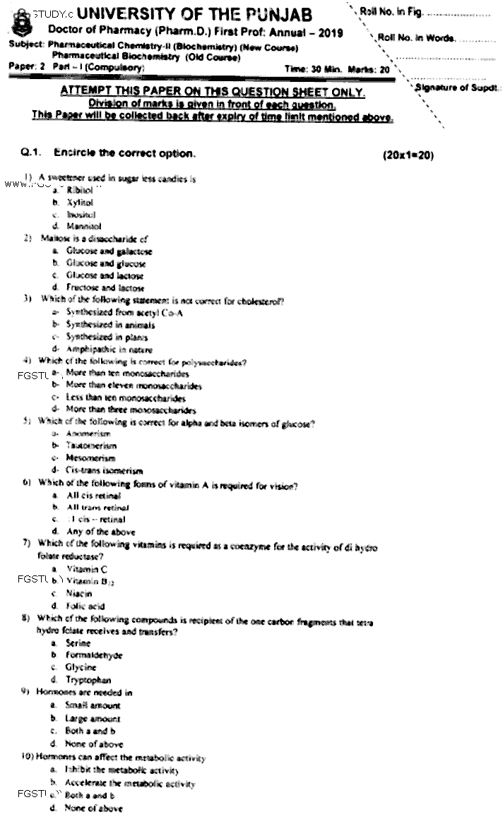 Doctor of Pharmacy Pharmaceutical Biochemistry Past Paper 2019 Punjab University Objective