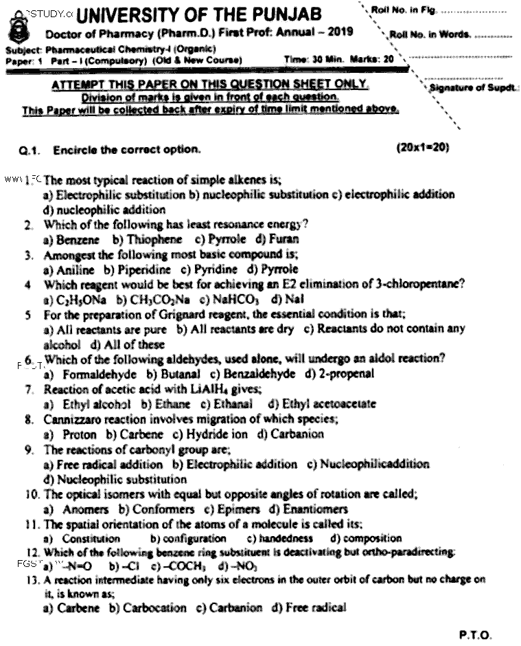 Doctor of Pharmacy Pharmaceutical Chemistry 1 Organic Past Paper 2019 Punjab University Objective
