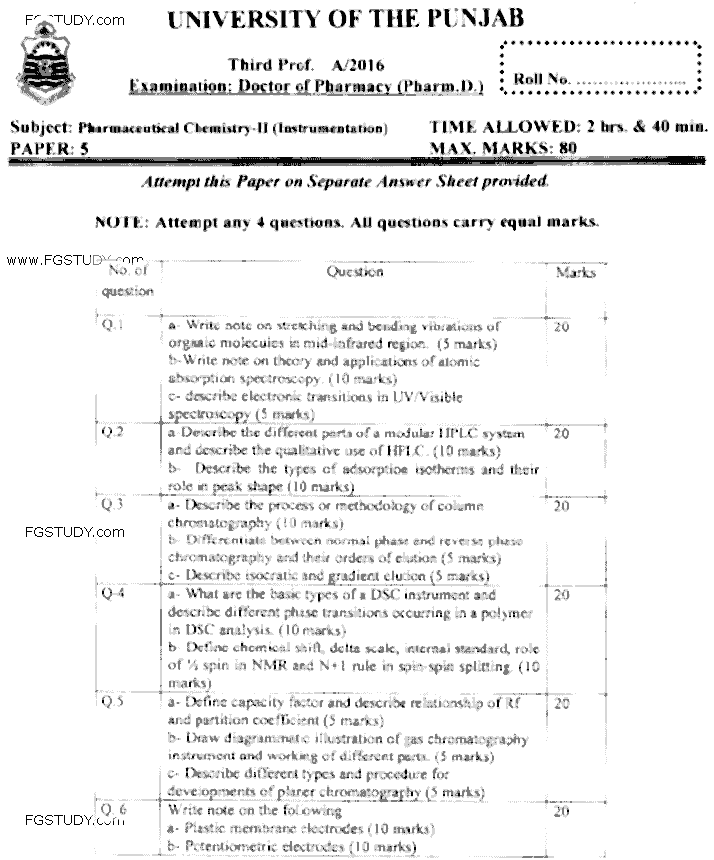 Doctor of Pharmacy Pharmaceutical Chemistry 2 Instrumentation Past Paper 2016 Punjab University Subjective