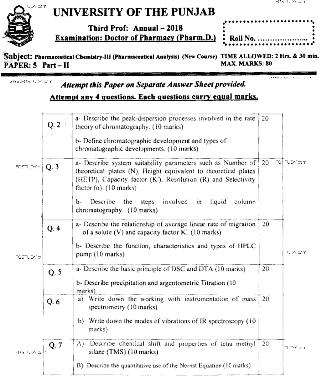 Doctor of Pharmacy Pharmaceutical Chemistry 2 Instrumentation Past Paper 2018 Punjab University Subjective