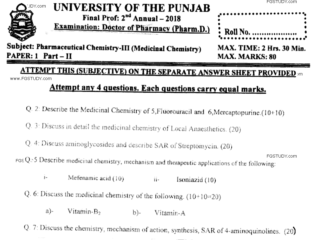 Doctor of Pharmacy Pharmaceutical Chemistry 3 Medicinal Chemistry Past Paper 2018 Punjab University Subjective