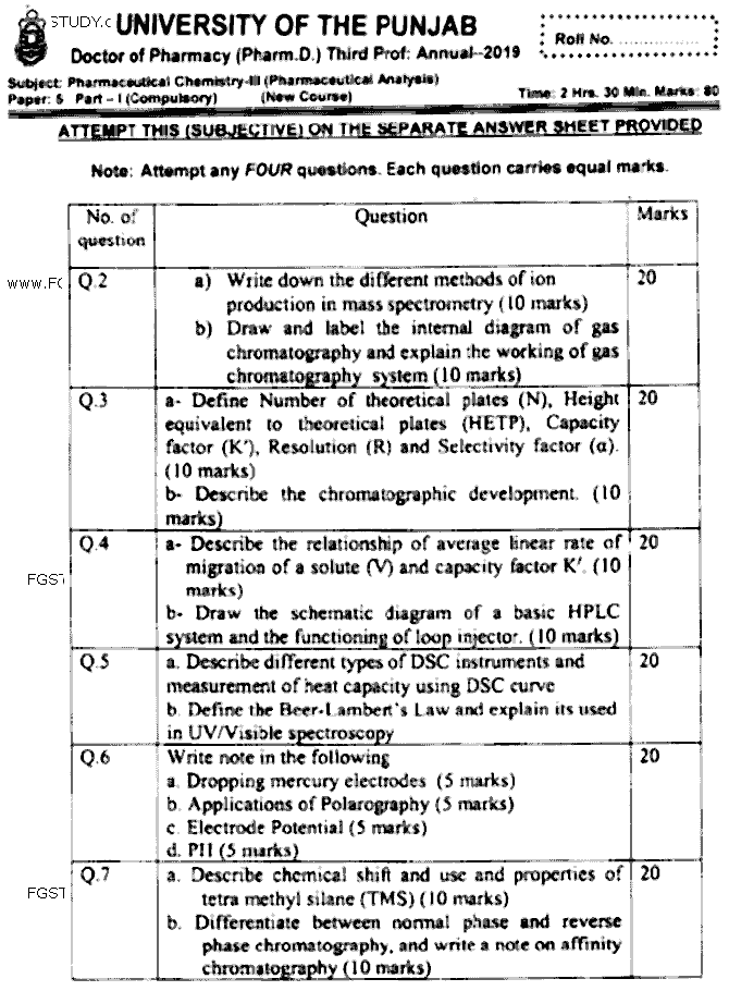 Doctor of Pharmacy Pharmaceutical Chemistry 3 Pharmaceutical Analysis Past Paper 2019 Punjab University Subjective