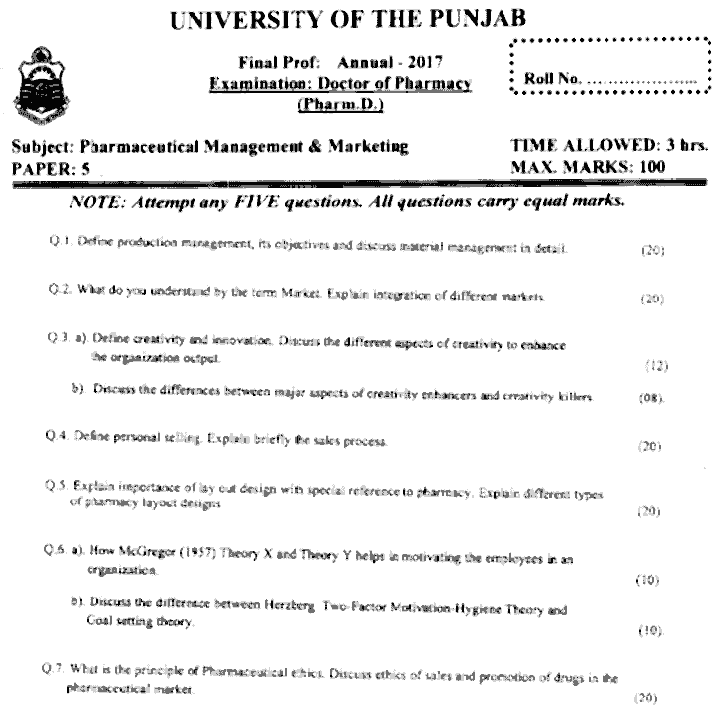 Doctor of Pharmacy Pharmaceutical Management And Marketing Past Paper 2017 Punjab University Subjective