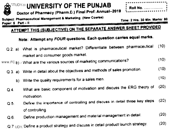 Doctor of Pharmacy Pharmaceutical Management And Marketing Past Paper 2019 Punjab University Subjective