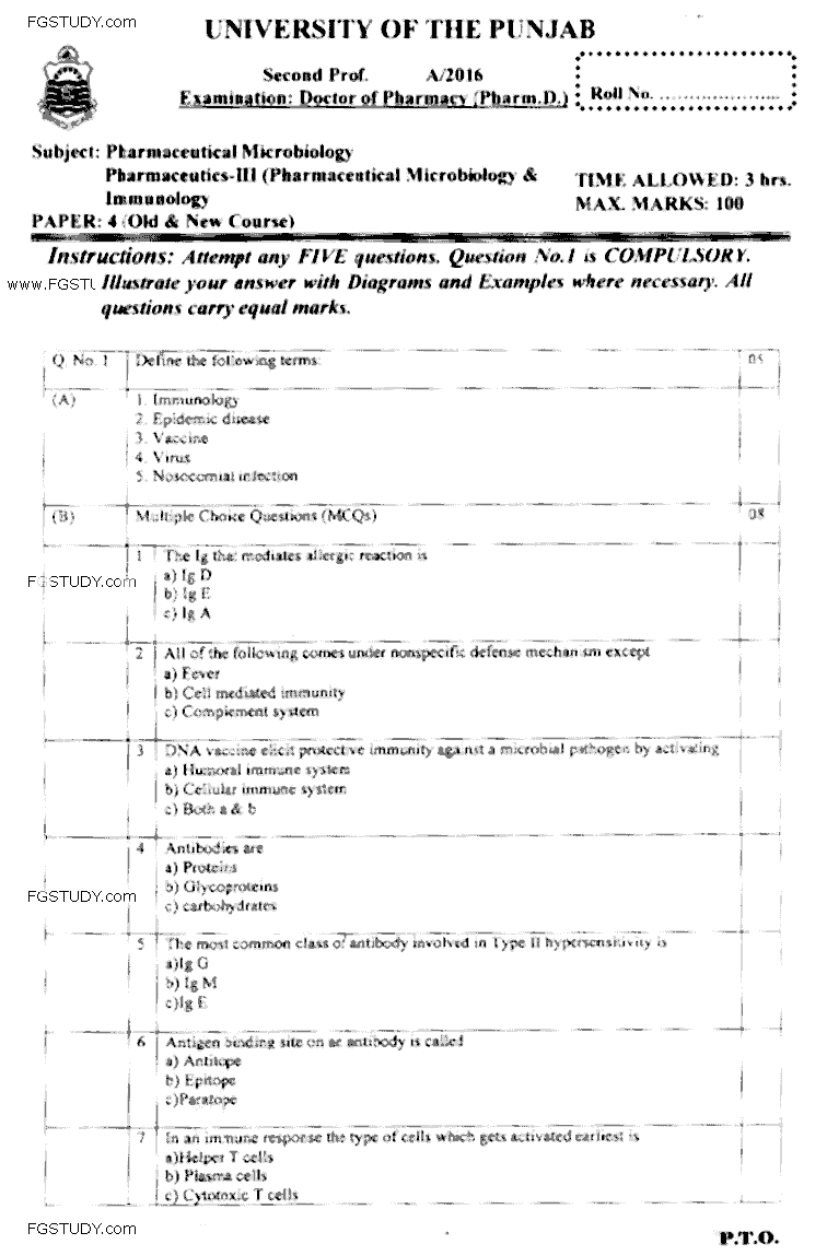 Doctor of Pharmacy Pharmaceutical Microbiology Pharmaceutics 3 Pharmaceutical Microbiology Immunology Past Paper 2016 Punjab University Objective