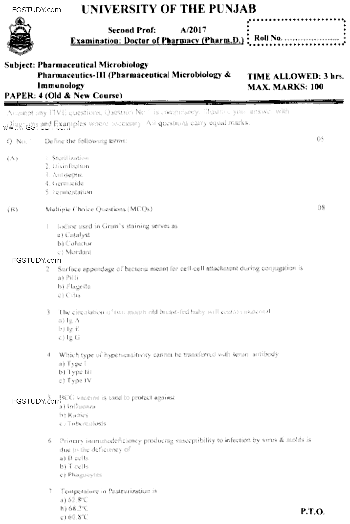 Doctor of Pharmacy Pharmaceutical Microbiology Pharmaceutics 3 Pharmaceutical Microbiology Immunology Past Paper 2017 Punjab University Objective