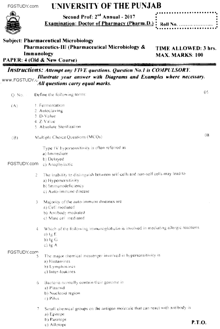 Doctor of Pharmacy Pharmaceutical Microbiology Pharmaceutics 3 Pharmaceutical Microbiology Immunology Past Paper 2017 Punjab University Objective