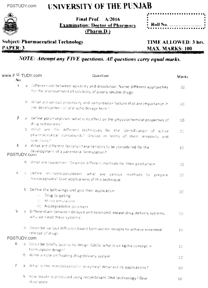 Doctor of Pharmacy Pharmaceutical Technology Past Paper 2016 Punjab University Subjective
