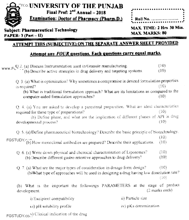 Doctor of Pharmacy Pharmaceutical Technology Past Paper 2018 Punjab University Subjective