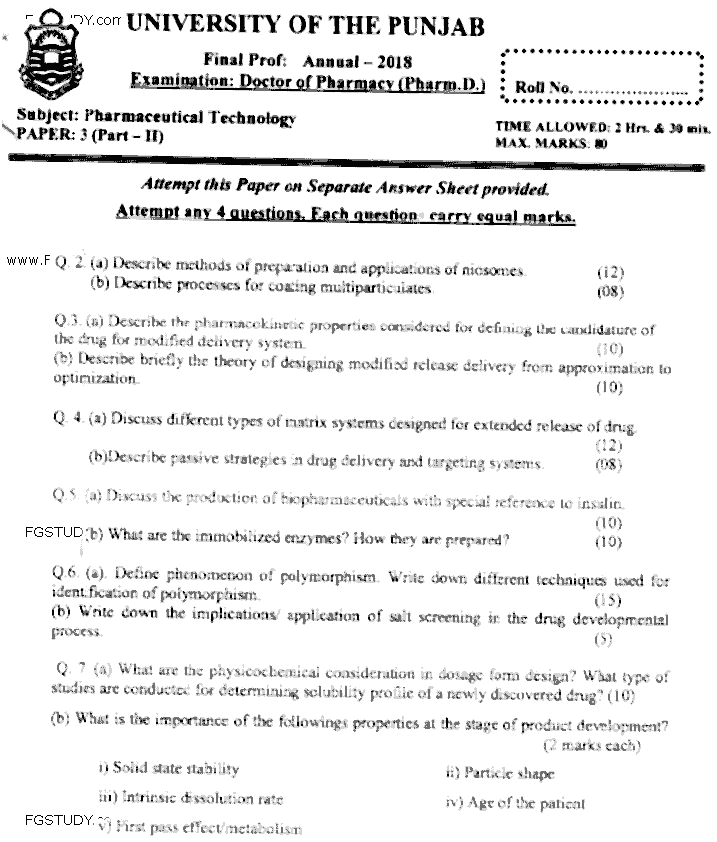 Doctor of Pharmacy Pharmaceutical Technology Past Paper 2018 Punjab University Subjective