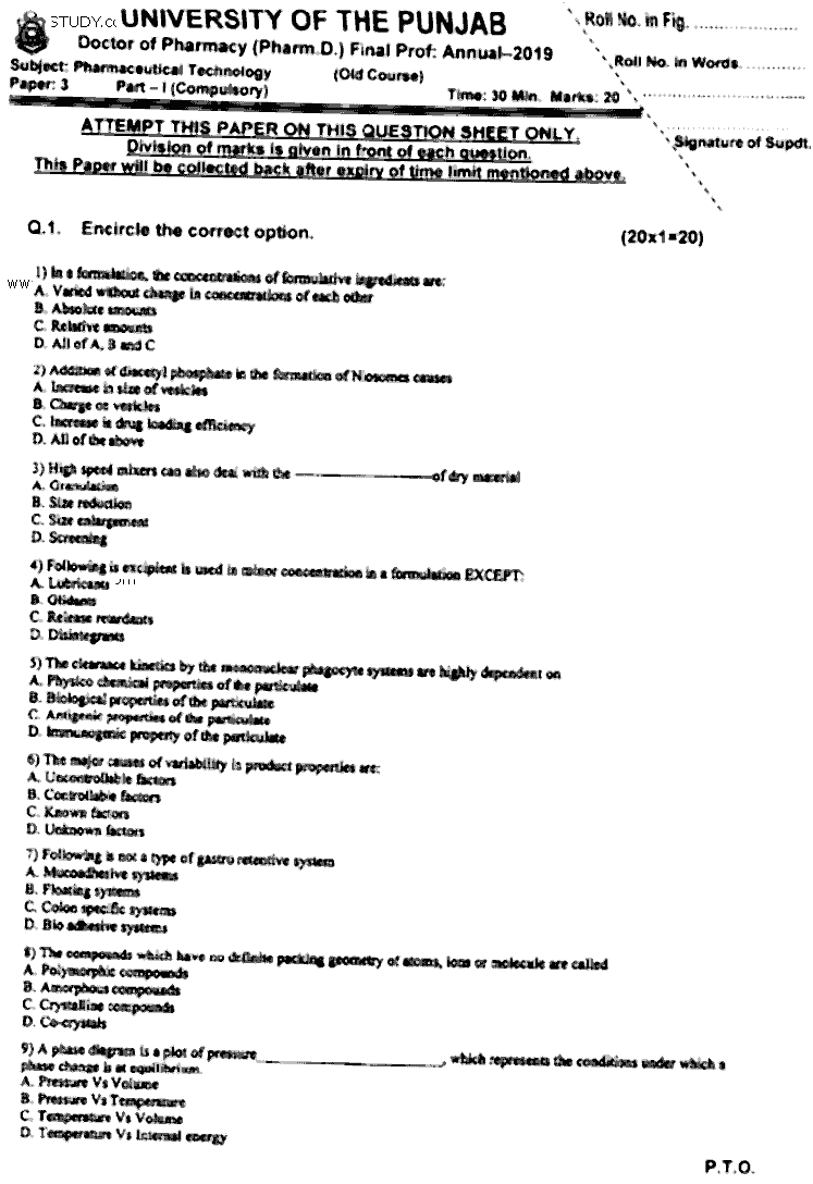 Doctor of Pharmacy Pharmaceutical Technology Past Paper 2019 Punjab University Objective