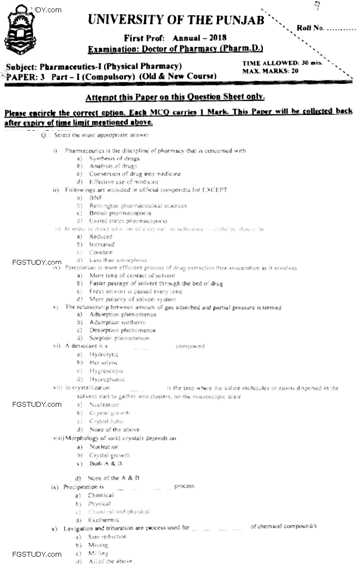 Doctor of Pharmacy Pharmaceutics 1 Physical Pharmacy Past Paper 2018 Punjab University Objective