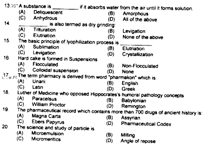 Doctor of Pharmacy Pharmaceutics 1 Physical Pharmacy Past Paper 2019 Punjab University Objective