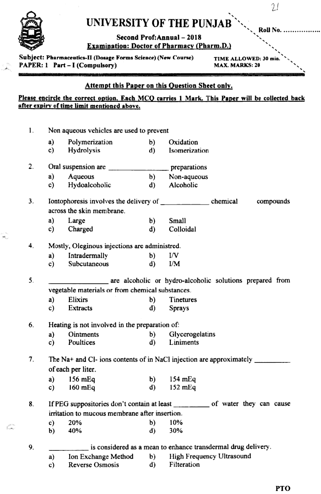 Doctor of Pharmacy Pharmaceutics 2 Dosage Forms Science Past Paper 2018 Punjab University Objective