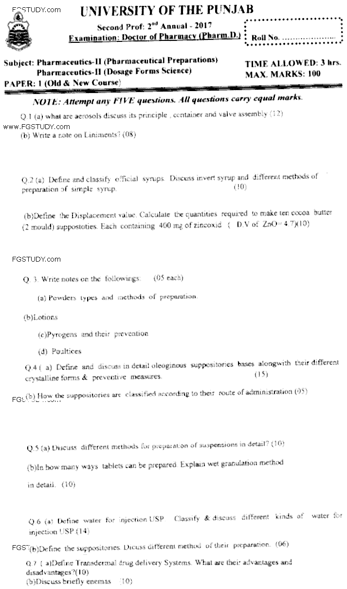 Doctor of Pharmacy Pharmaceutics 2 Pharmaceutical Preparations Pharmaceutics 2 Dosage Forms Science Past Paper 2017 Punjab University Subjective