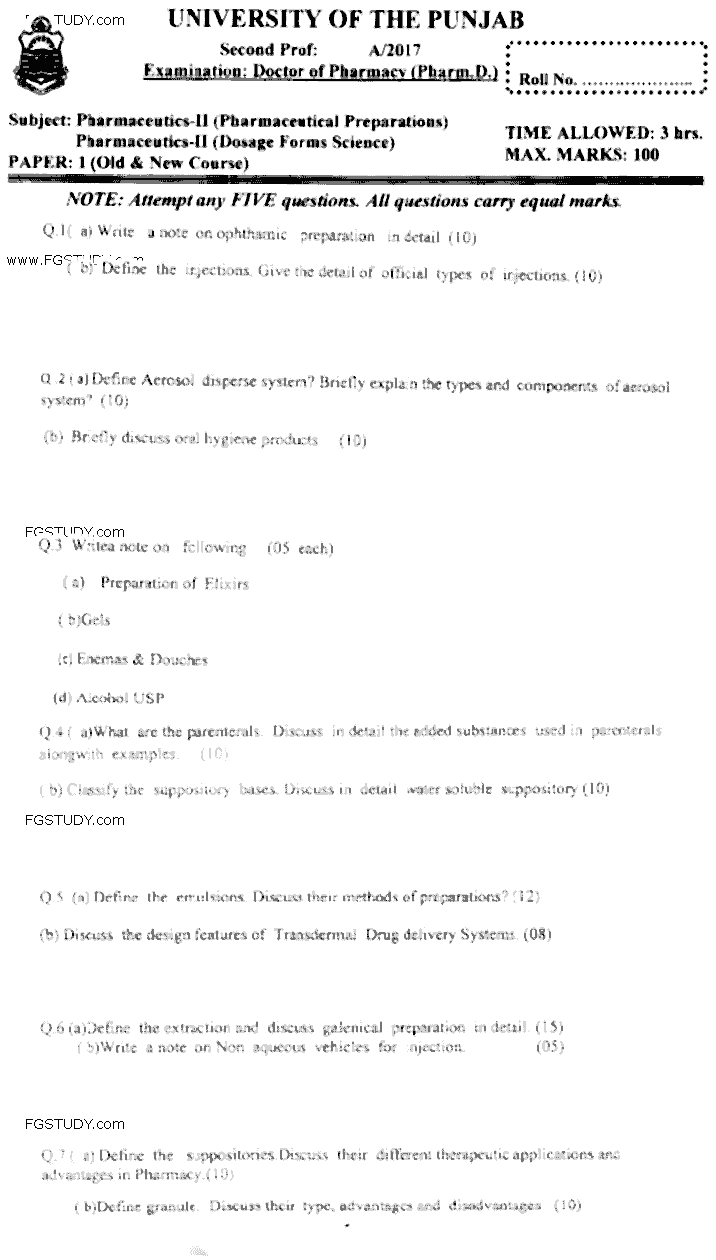 Doctor of Pharmacy Pharmaceutics 2 Pharmaceutical Preparations Pharmaceutics 2 Dosage Forms Science Past Paper 2017 Punjab University Subjective