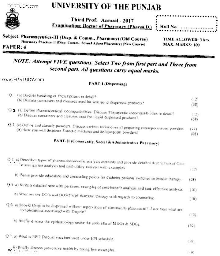 Doctor of Pharmacy Pharmaceutics 3 Dispensing And Community Pharmacy Past Paper 2017 Punjab University Subjective