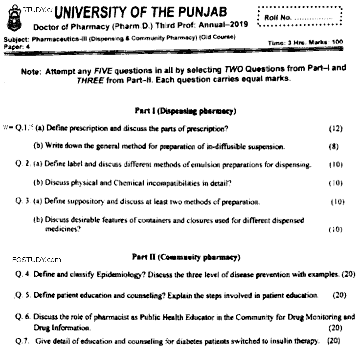 Doctor of Pharmacy Pharmaceutics 3 Dispensing Community Pharmacy Past Paper 2019 Punjab University Subjective