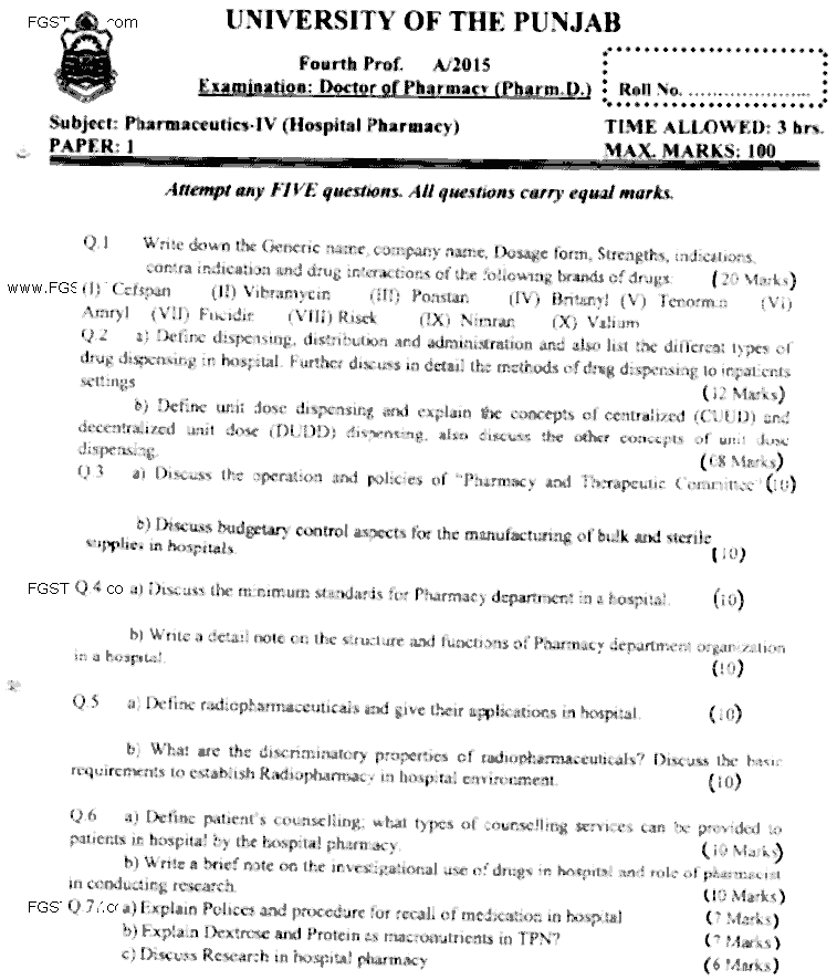 Doctor of Pharmacy Pharmaceutics 4 Hospital Pharmacy Past Paper 2015 Punjab University Subjective