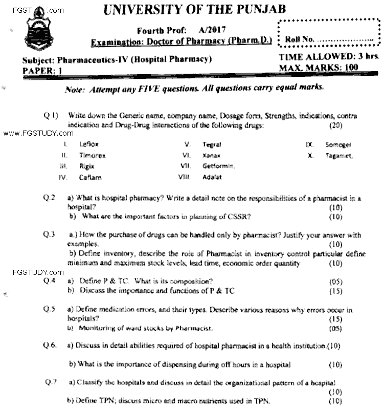 Doctor of Pharmacy Pharmaceutics 4 Hospital Pharmacy Past Paper 2017 Punjab University Subjective