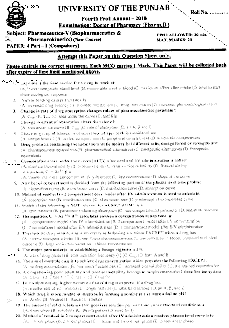 Doctor of Pharmacy Pharmaceutics 5 Biopharmaceutics And Pharmacokinetics Past Paper 2018 Punjab University Objective
