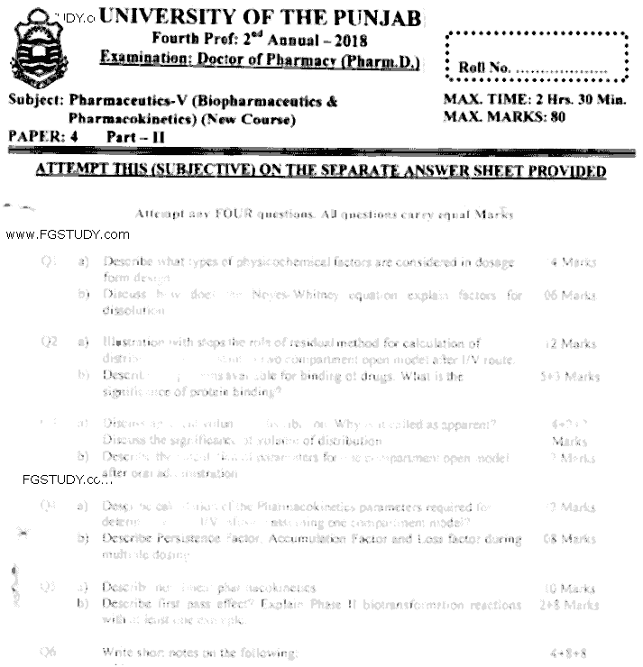 Doctor of Pharmacy Pharmaceutics 5 Biopharmaceutics And Pharmacokinetics Past Paper 2018 Punjab University Subjective