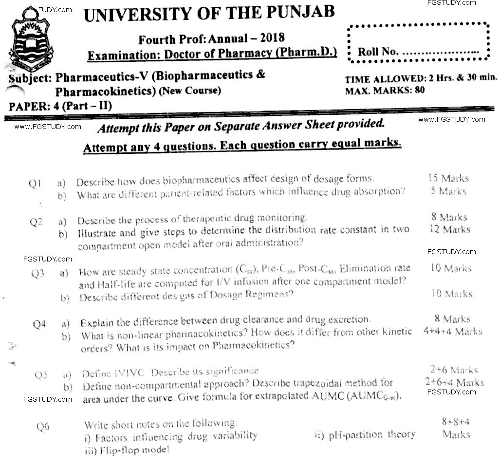 Doctor of Pharmacy Pharmaceutics 5 Biopharmaceutics And Pharmacokinetics Past Paper 2018 Punjab University Subjective
