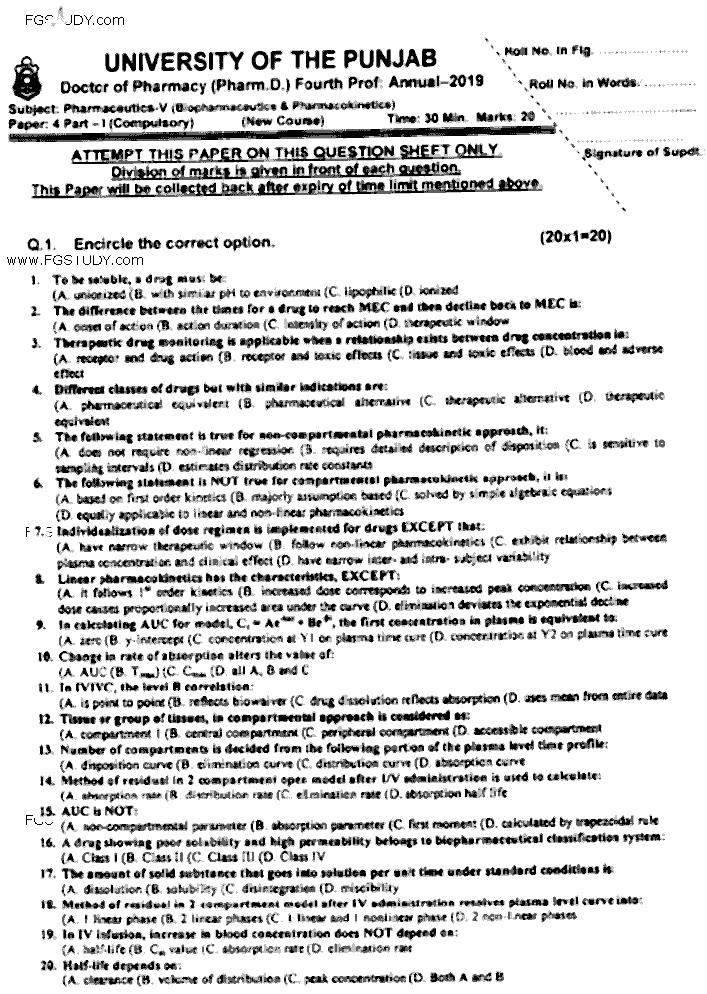 Doctor of Pharmacy Pharmaceutics 5 Biopharmaceutics And Pharmacokinetics Past Paper 2019 Punjab University Objective