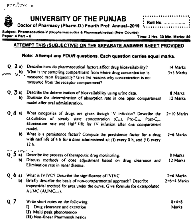 Doctor of Pharmacy Pharmaceutics 5 Biopharmaceutics And Pharmacokinetics Past Paper 2019 Punjab University Subjective