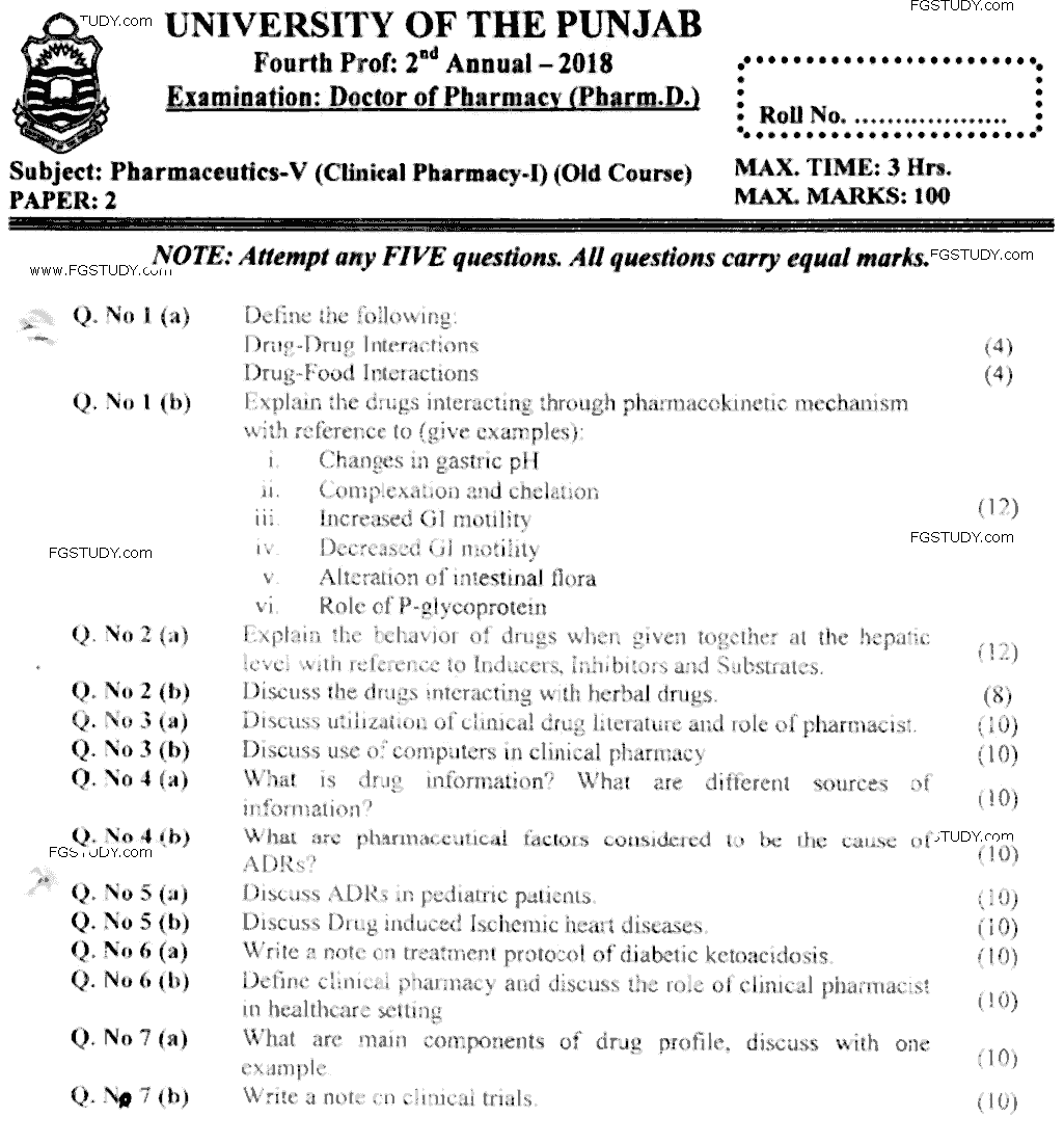 Doctor of Pharmacy Pharmaceutics 5 Clinical Pharmacy 1 Past Paper 2018 Punjab University Subjective