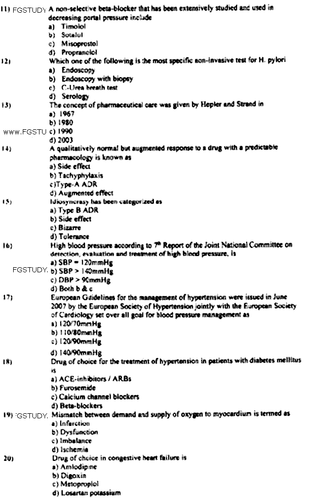 Doctor of Pharmacy Pharmaceutics 5 Clinical Pharmacy 1 Past Paper 2019 Punjab University Objective