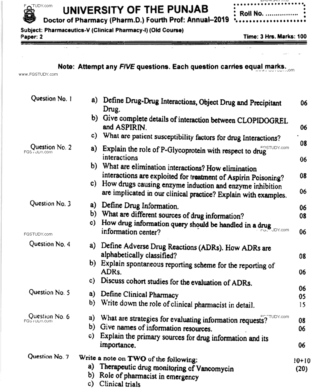 Doctor of Pharmacy Pharmaceutics 5 Clinical Pharmacy 1 Past Paper 2019 Punjab University Subjective