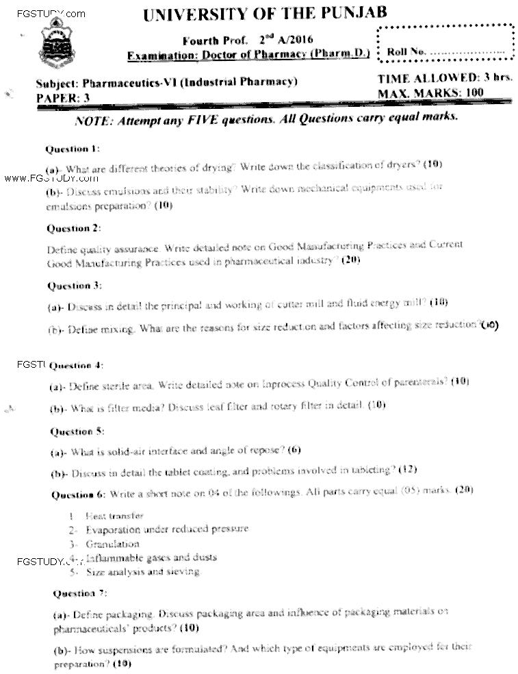 Doctor of Pharmacy Pharmaceutics 6 Industrial Pharmacy Past Paper 2016 Punjab University Subjective