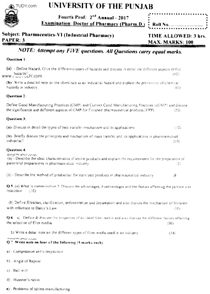 Doctor of Pharmacy Pharmaceutics 6 Industrial Pharmacy Past Paper 2017 Punjab University Subjective