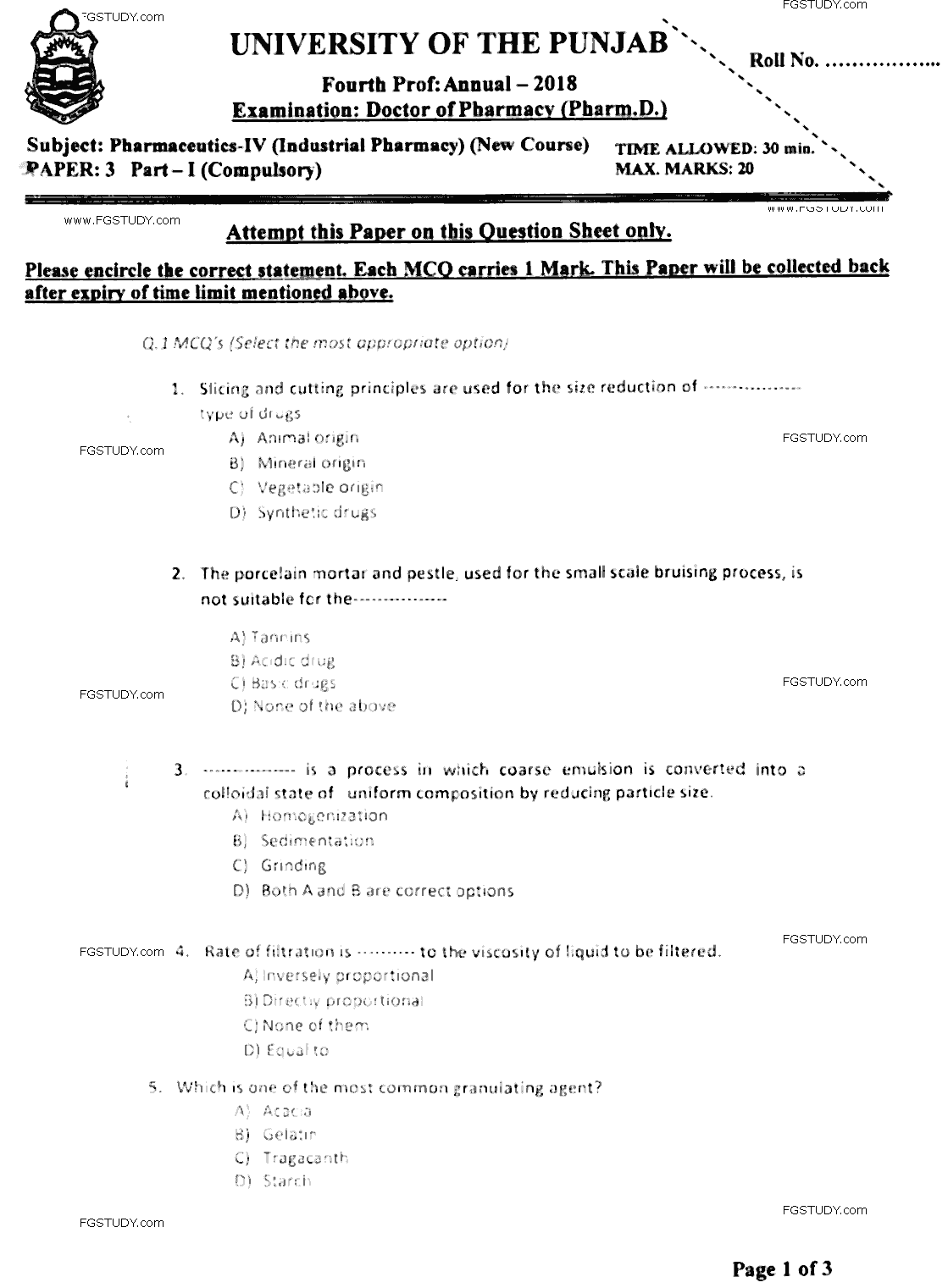 Doctor of Pharmacy Pharmaceutics 6 Industrial Pharmacy Past Paper 2018 Punjab University Objective
