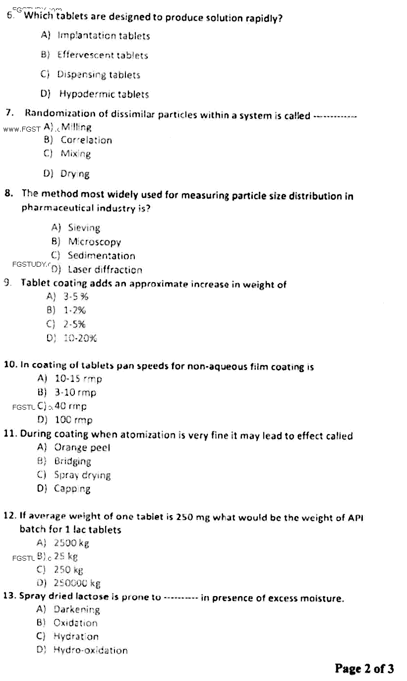 Doctor of Pharmacy Pharmaceutics 6 Industrial Pharmacy Past Paper 2018 Punjab University Objective