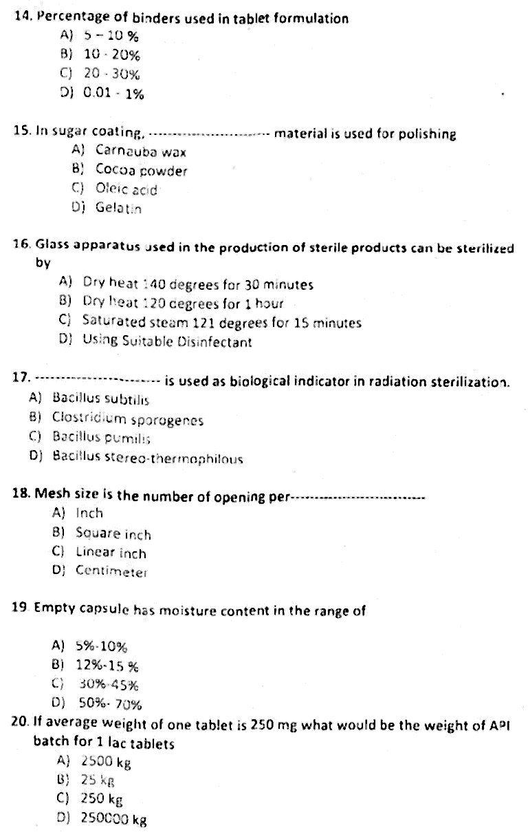 Doctor of Pharmacy Pharmaceutics 6 Industrial Pharmacy Past Paper 2018 Punjab University Objective