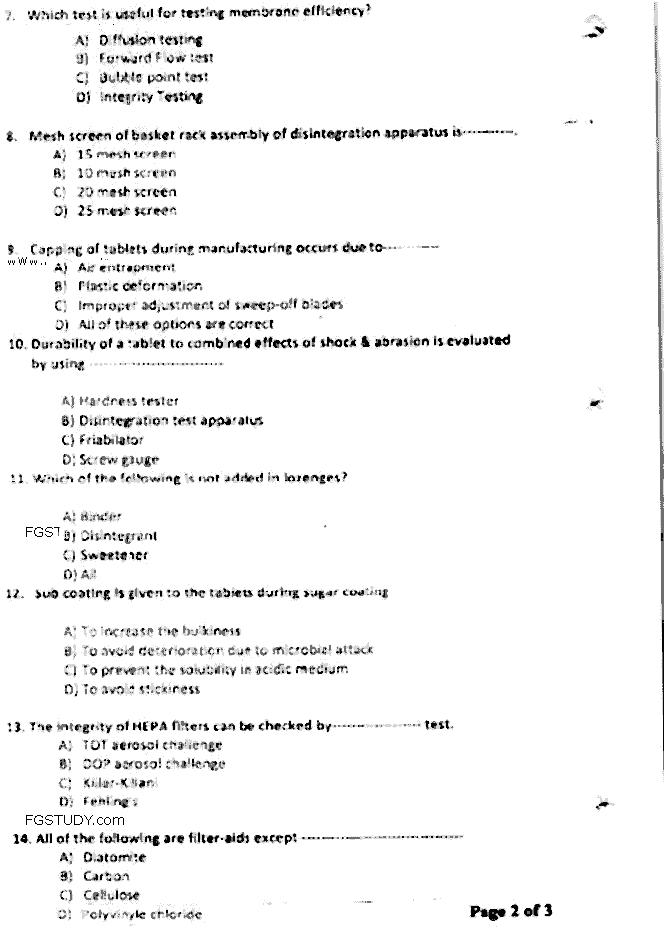 Doctor of Pharmacy Pharmaceutics 6 Industrial Pharmacy Past Paper 2018 Punjab University Objective