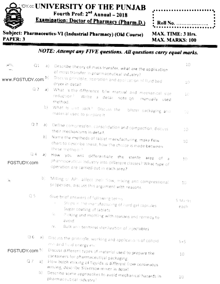 Doctor of Pharmacy Pharmaceutics 6 Industrial Pharmacy Past Paper 2018 Punjab University Subjective